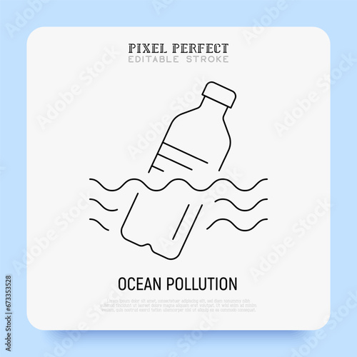Ocean pollution, plastic bottle in the ocean thin line icon. Garbage in the water. Editable stroke. Vector illustration.