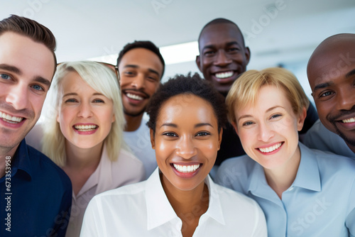 Ethnicité et diversité au travail avec des employés heureux célébrant le succès de l'entreprise. photo
