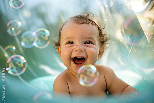 A baby swimming and playing with water