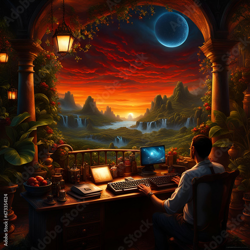 Pessoa trabalhando no seu computador com uma bela paisagem em sua frente. photo