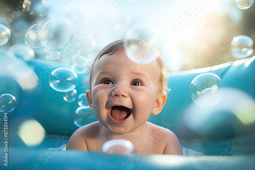 A baby swimming and playing with water photo
