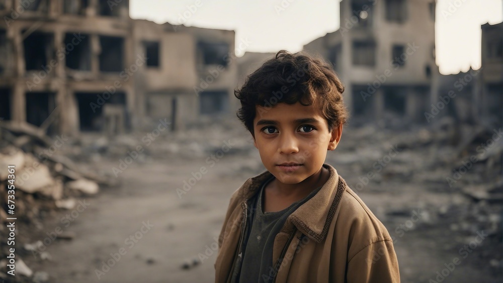Portrait of innocent middle eastern child in front of bombed and burning buildings Portrait of innocent middle eastern child in front of bombed and burning buildings