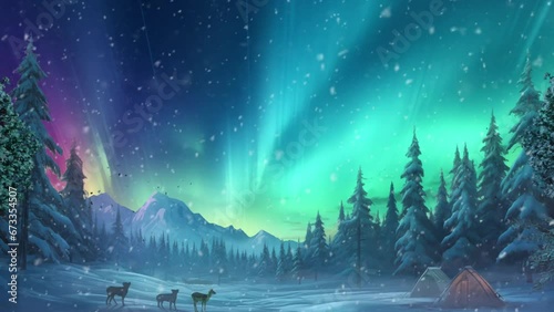 Winter scenery. Northern lights in winter forest. Night winter landscape with aurora, tent and pine tree forest. cartoon or anime watercolor illustration style looping video background photo