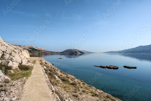 Panoramic view of the Island of Pag and the Pag Bay, Pag Island, Croatia.