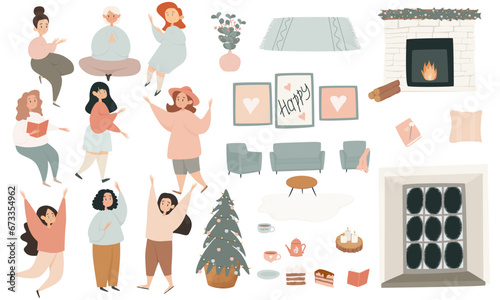 A set of scenes. Girl and Christmas mood. Christmas spirit. Festive trinkets. Nude style