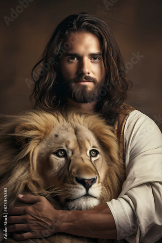Realistic portrait of Jesus Christ embracing a majestic lion  religious art