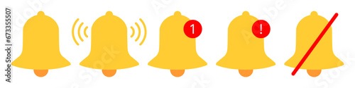 Set of yellow bell icons. Notification, ringing bell. New message. Alarm off, muted mode. Exclamation point