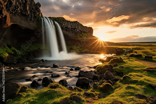 Icelandic waterfall at sunset
