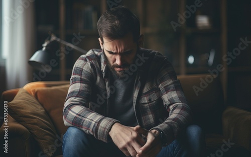 Frustration, mental disorder, broken heart. Mental problems, middle age crisis. Sad upset handsome bearded male sitting on couch crying, covers face with hands in living room interior, copy space