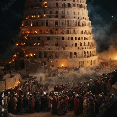 A large group of people with all their eyes turned upwards towards the Tower of Babel photo