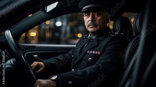 professional personal driver, chauffer wearing black suit  and hat, siting in a luxurious car, generative AI. photo