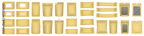 Set of realistic pouch mockups. Gold flow pack, sachet, zip bag and doypack. Ice cream wrapper. Sheet mask. Soap or wet wipes packaging. Cardboard box with transparent window and hanging hole