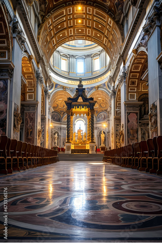 Realistic portrait of St Peter's Basilica golden interior cathedral pews photo