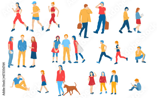Men, women, teenagers and children standing, walking, sitting, different colors, cartoon character, group  silhouettes rest people, students, design concept of flat icon, isolated on white background