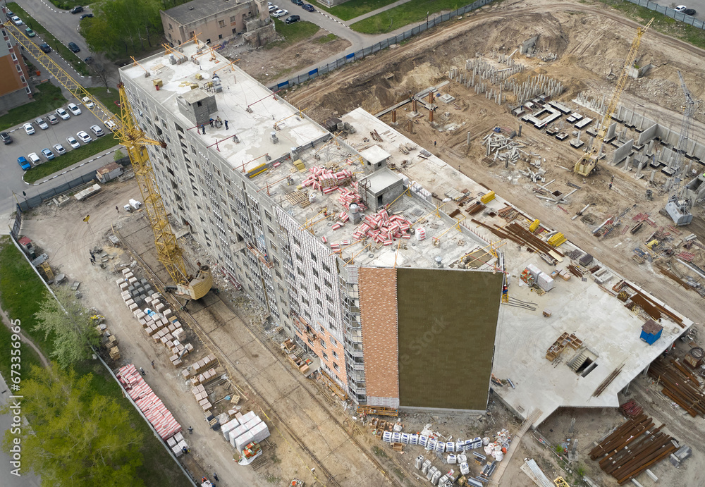 Aerial view of a construction site of an apartment building