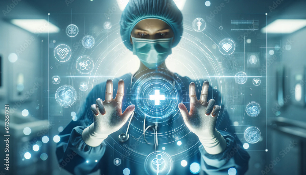 Fototapeta premium A medic wearing a mask and cap interacts with a virtual healthcare interface surrounded by medical icons.