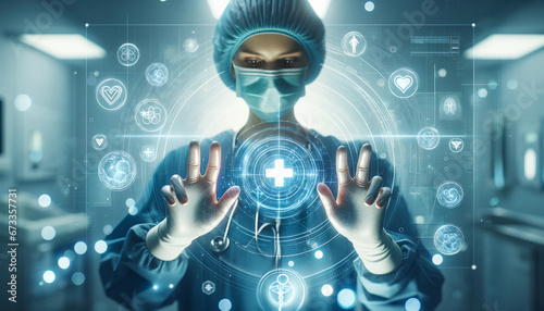 A medic wearing a mask and cap interacts with a virtual healthcare interface surrounded by medical icons.
