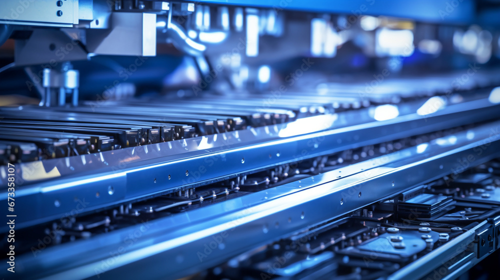 A conveyor production line close-up, featuring a continuous stream of electronic components being assembled, highlighting the advanced technology and precision in electronics manuf 