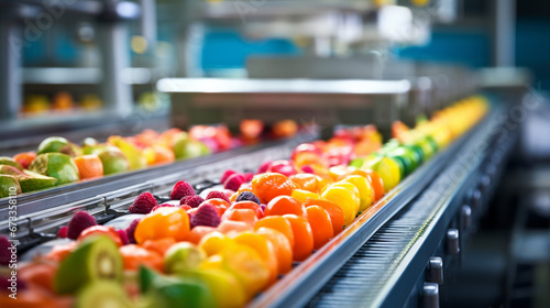 The conveyor production line in action, up close, showcasing a variety of vibrant and freshly packaged fruits and vegetables, illustrating the efficient food processing and packagi 