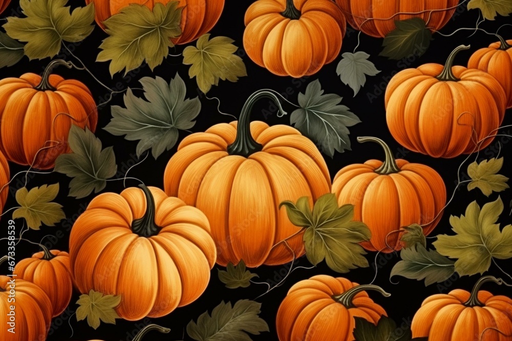 seamless pattern of ripe pumpkins and vine leaves on a brown background. a modern sample. bright autumn. harvest. Generative AI