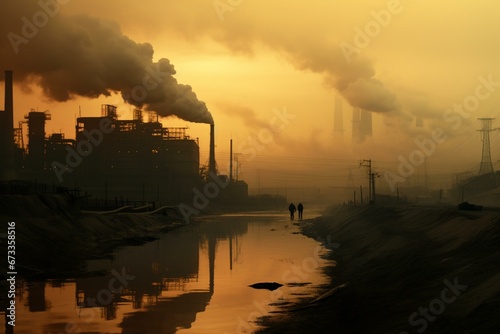 Industrial factory amidst smoke fog. Generative AI