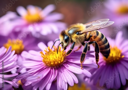 Honeybee in Latin Apis Mellifera, european or western honey bee sitting on the violet or blue flower © inthasone