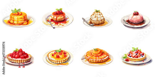Set of Watercolor of delicious Cake dessert served on plate isolated on transparent background  Sweeties food decorated concept.