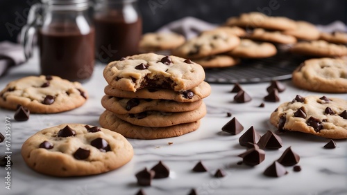 homemade chocolate chip cookies with ingredients at white marble kitchen