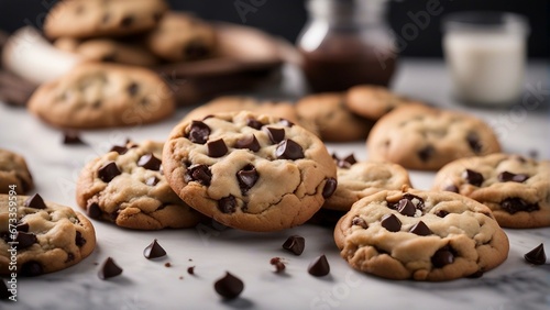 homemade chocolate chip cookies with ingredients at white marble kitchen 

