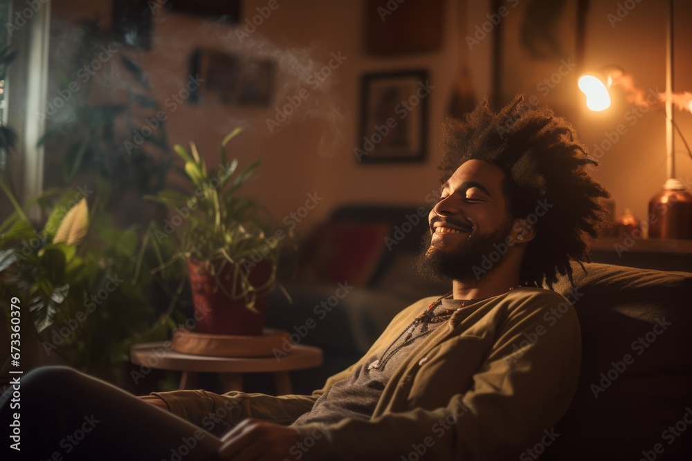 Happy man smoking cannabis in a cozy room - obrazy, fototapety, plakaty 