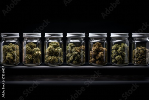 Cannabis buds stored in glass jars, neatly arranged on a shelf. diverse range of cannabis strains and their organized storage.