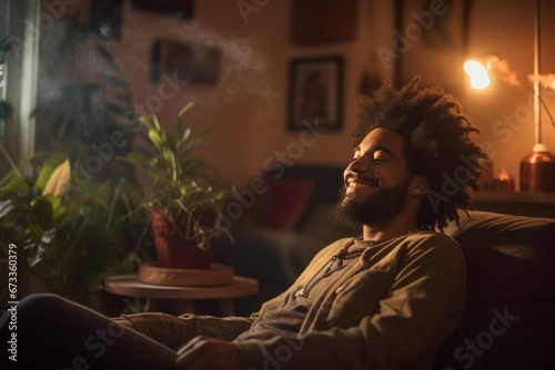 Happy man smoking cannabis in a cozy room
