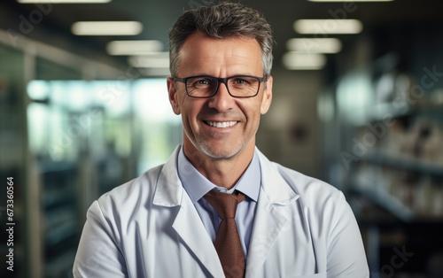 A smiling doctor wearing lab coat and glasses  medical environment