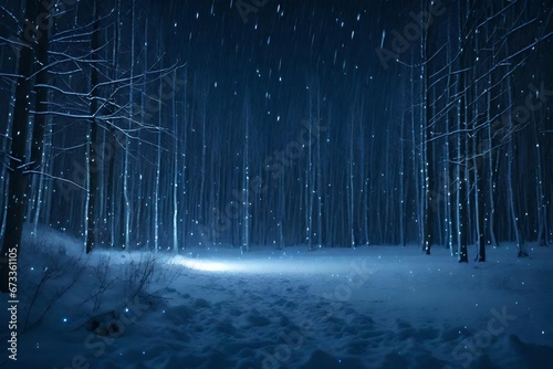 snow falling at night in a snowy dark forest with lights and stars © Hammad