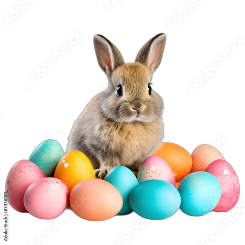 rabbit and painted eggs isolated on transparent or white background, png © Pixel Prophet