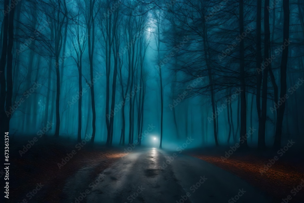Fototapeta premium Fog In Spooky Forest At Moon Light On Asphalt - Abstract Bokeh