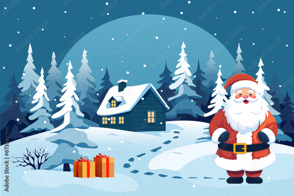 Santa Claus left Christmas gifts under the tree near the house. Beautiful night holiday landscape of a house in the forest, snowy weather, Christmas Eve. Happy New Year. Santa Claus left Christmas gifts under the tree near the house. Beautiful night holiday landscape of a house in the forest, snowy weather, Christmas Eve. Happy New Year.