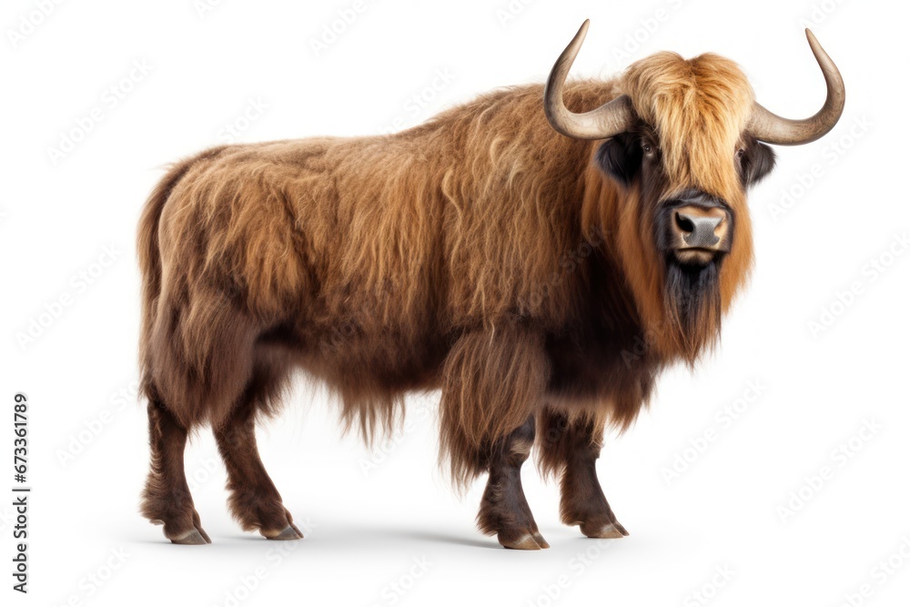 brown yak, Bos mutus isolated on white background, and clipping path. brown yak, Bos mutus isolated on white background, and clipping path.
