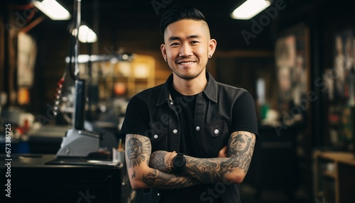male tattoo artist sitting smiling in front of his tattoo studio photo