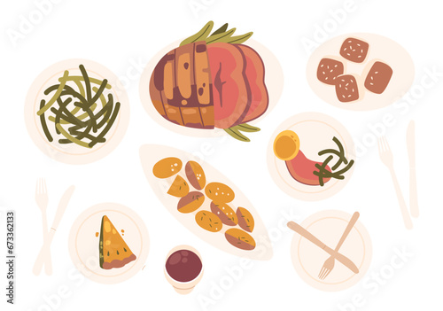 Isolated Set of Sumptuous Array Of Dishes, Meat, Potato, Pie and Dessert, Awaited Hungry Guests, Vector Illustration