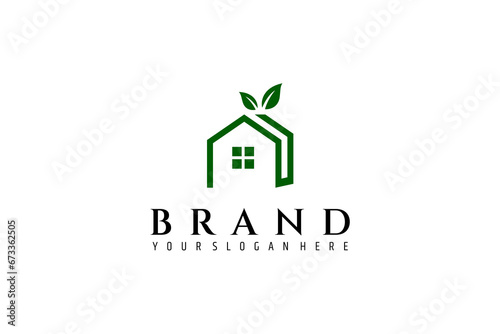 Green house logo design with natural leaves