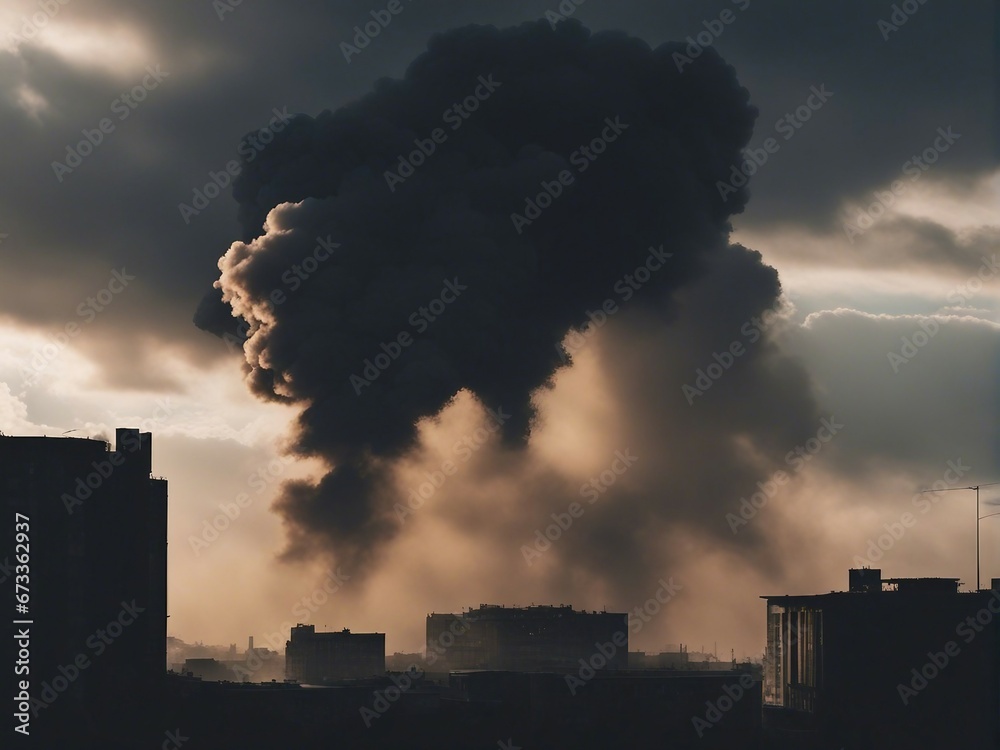 Obraz premium silhouette of bombed buildings in the city center and large clouds of smoke and fire in the background 
