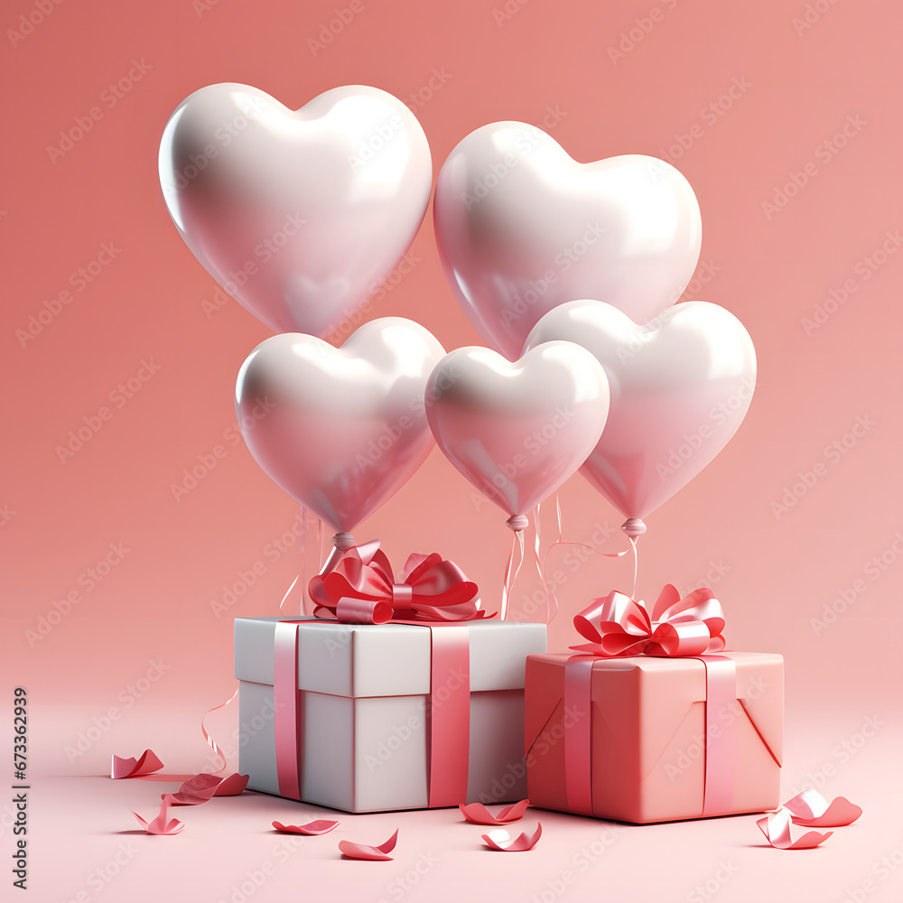 3D Heart Shaped Balloons and Gift Boxes Flying on Pink Background, Valentine's Day Concept