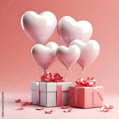 3D Heart Shaped Balloons and Gift Boxes Flying on Pink Background, Valentine's Day Concept © No