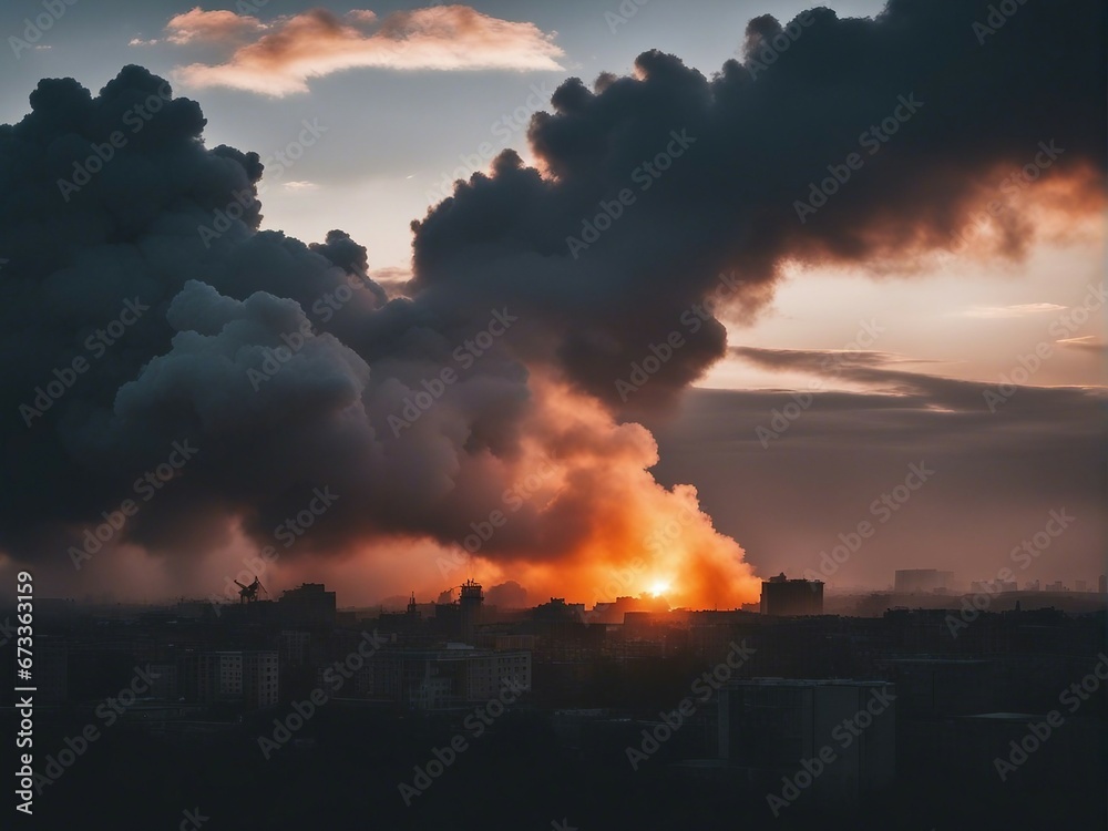 silhouette of bombed buildings in the city center and large clouds of smoke and fire in the background
