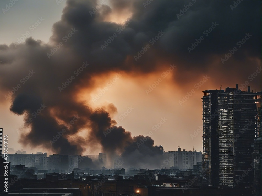 silhouette of bombed buildings in the city center and large clouds of smoke and fire in the background
