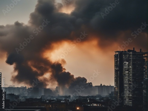 silhouette of bombed buildings in the city center and large clouds of smoke and fire in the background  © abu