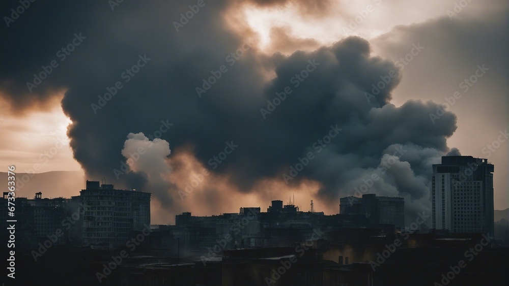 silhouette of bombed buildings in the city center and large clouds of smoke and fire in the background
silhouette of bombed buildings in the city center and large clouds of smoke and fire in the background