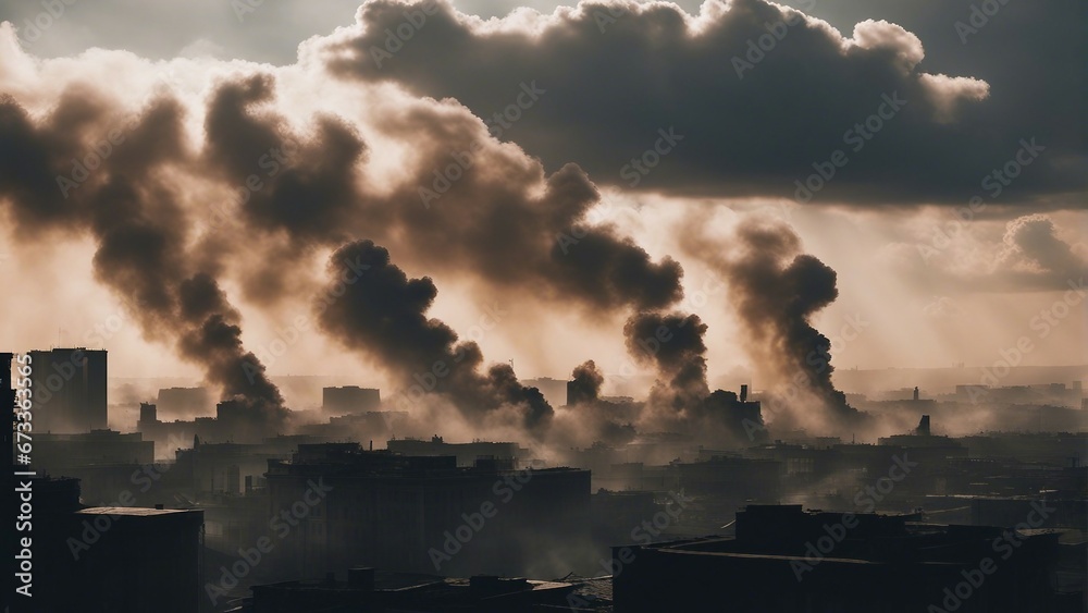 silhouette of bombed buildings in the city center and large clouds of smoke and fire in the background
silhouette of bombed buildings in the city center and large clouds of smoke and fire in the background