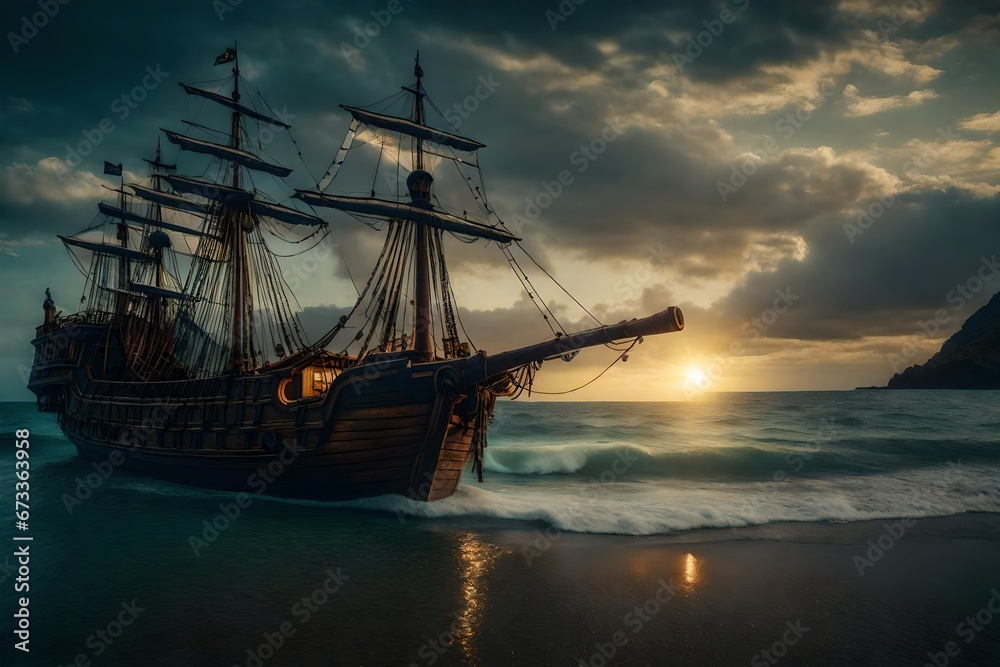 A pirate ship looking for treasure on a deserted